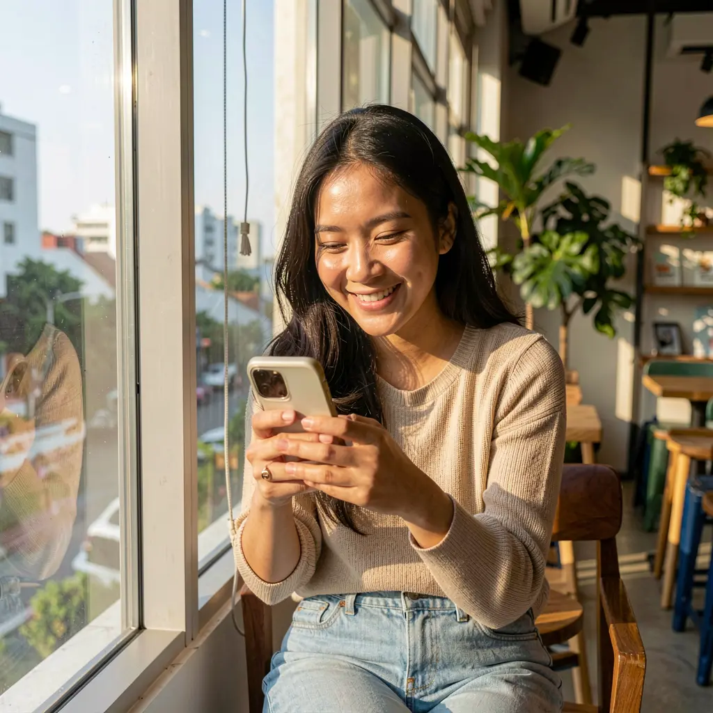 NNNNPH App – Enjoy smooth and user friendly mobile casino gaming in the Philippines Young Filipino woman smiling while using the NNNNPH mobile casino app on her smartphone in a bright indoor setting