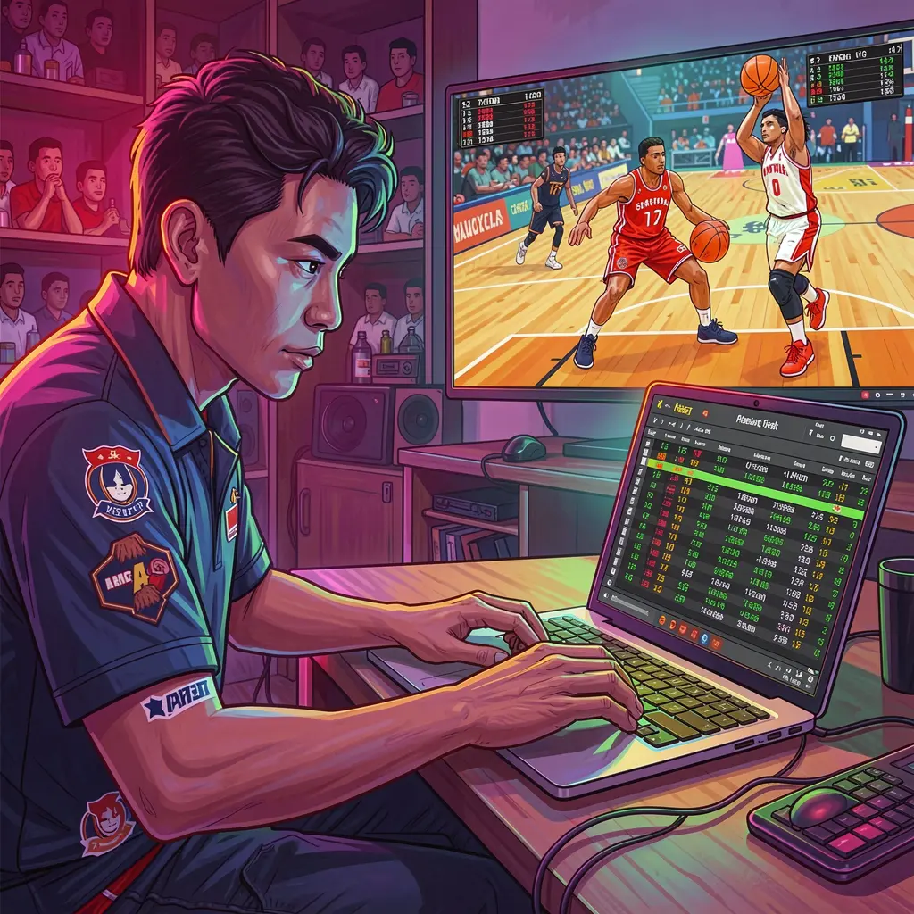 NNNNPH Bet – Enjoy fast and reliable online sports betting in the Philippines Focused Filipino sports bettor placing online basketball bets on a laptop with live game action on TV using the NNNNPH betting platform