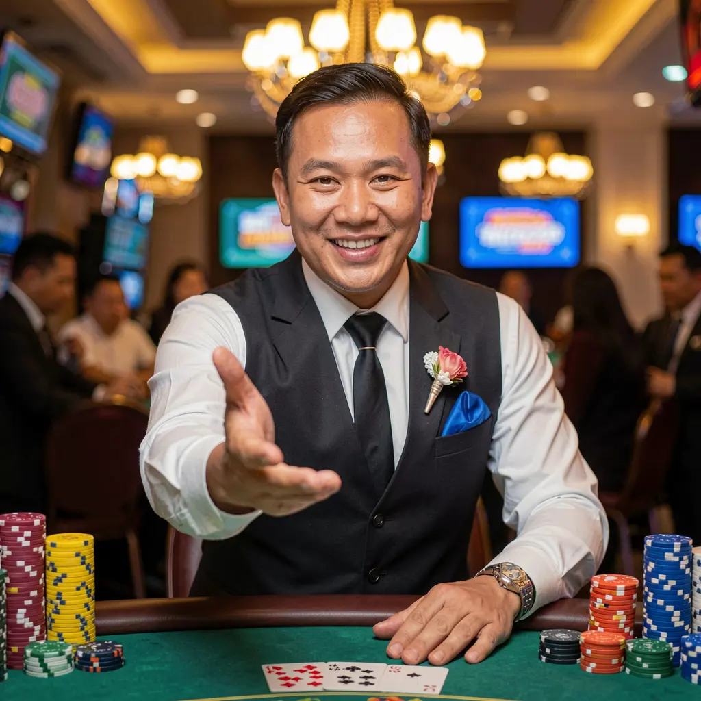 NNNNPH Login – Enter the exciting world of online casino games in the Philippines Friendly Filipino casino dealer reaching out to invite players into the NNNNPH online casino experience with glowing chips and casino lights