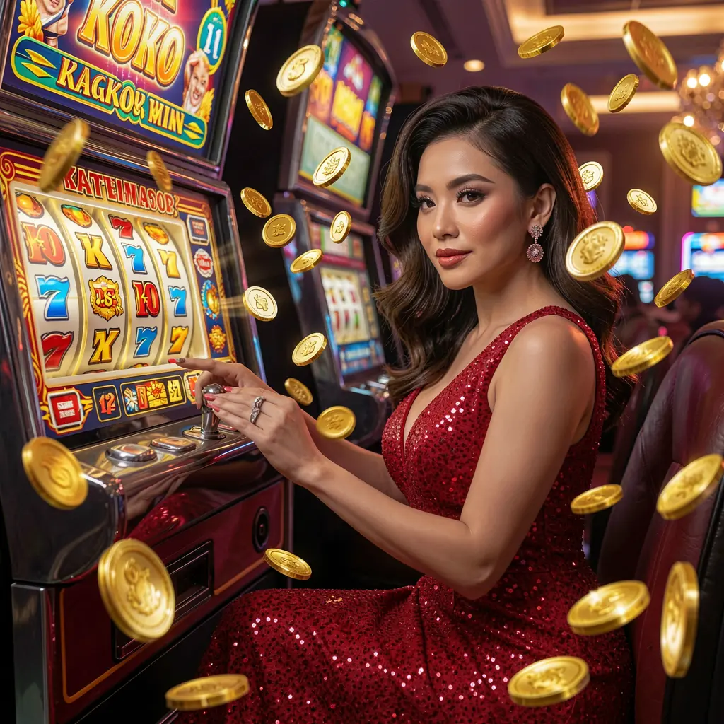 NNNNPH – Experience luxurious slot gameplay designed for players in the Philippines Elegant woman in a red dress playing a glowing slot machine with jackpot symbols and falling coins at NNNNPH casino in the Philippines
